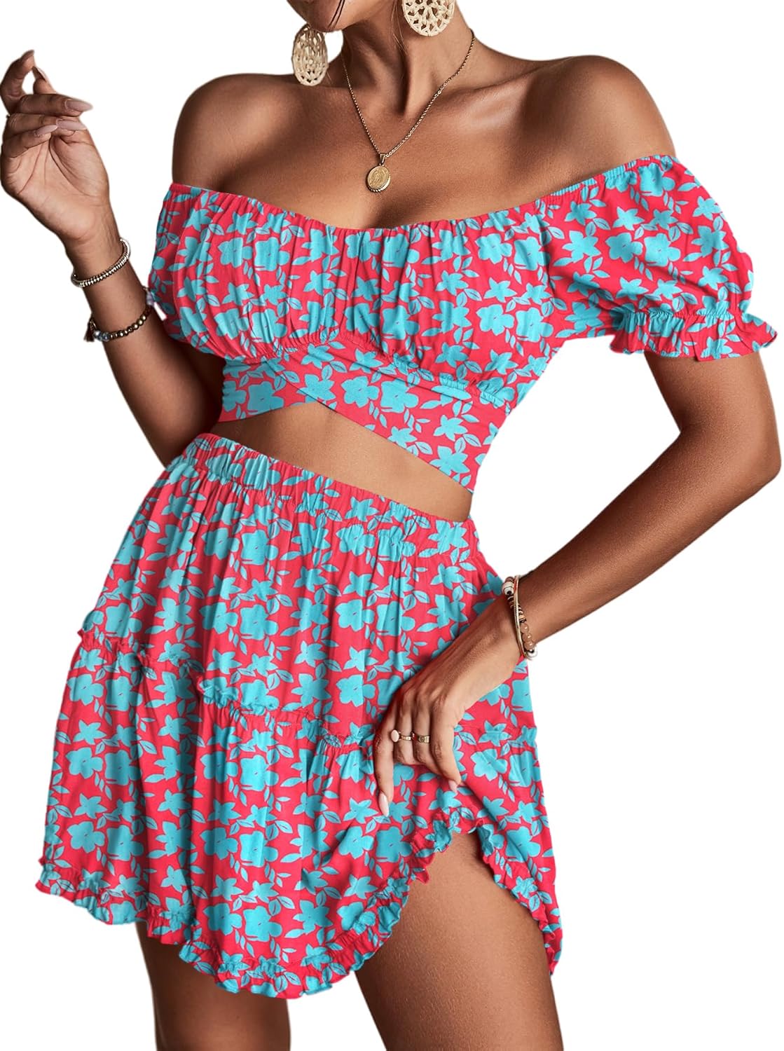 LYANER Women's Floral Off Shoulder Crop Top and Mini Skirt Set