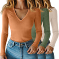 Riyiper Women Long Sleeve V Neck Ribbed Tops 3-Pack - Slim