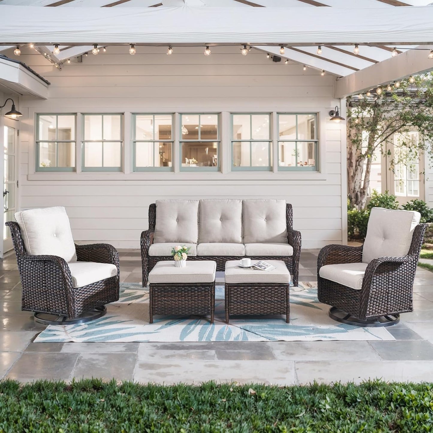 5 Piece Outdoor Patio Furniture Set with Swivel Rocker Chairs