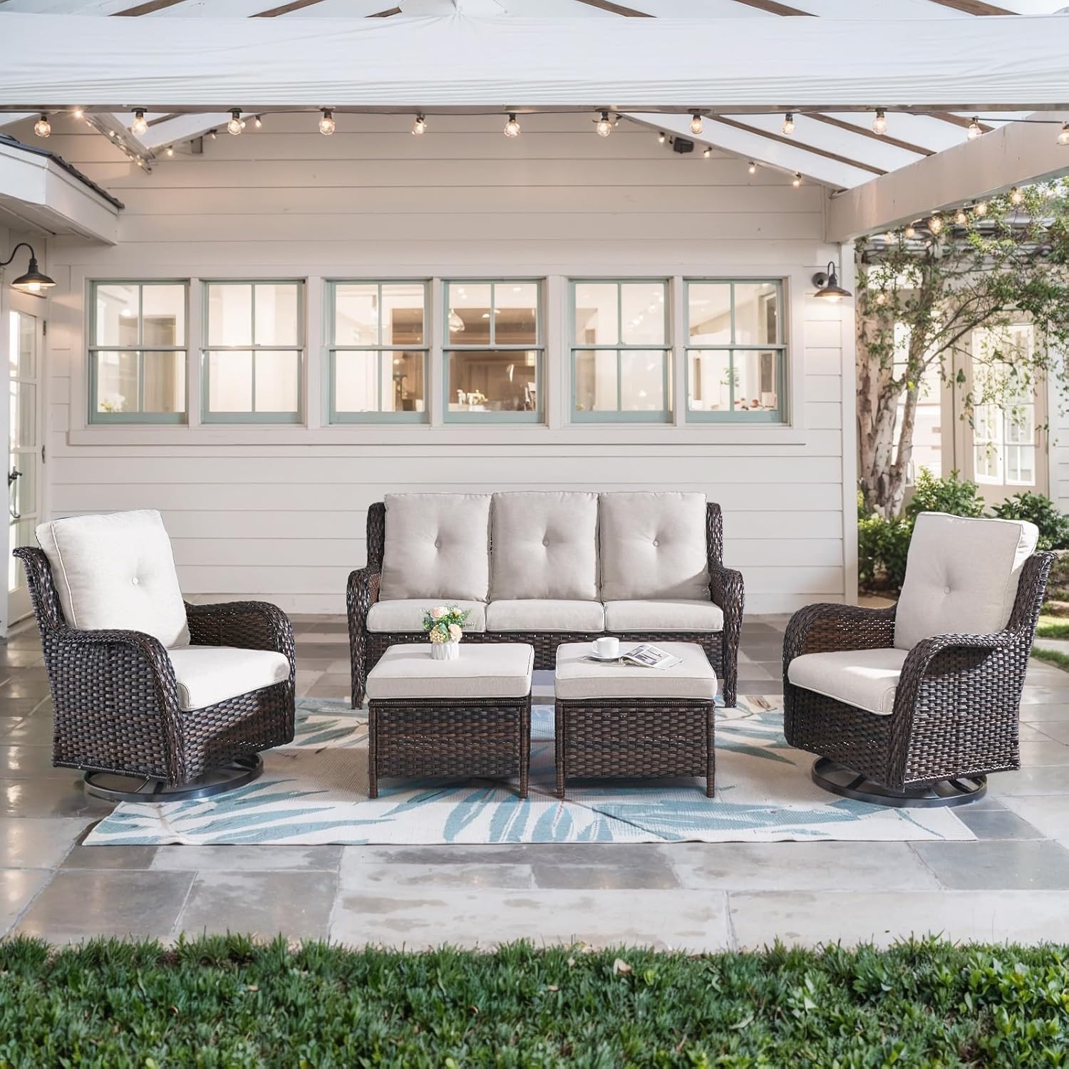 5 Piece Outdoor Patio Furniture Set with Swivel Rocker Chairs