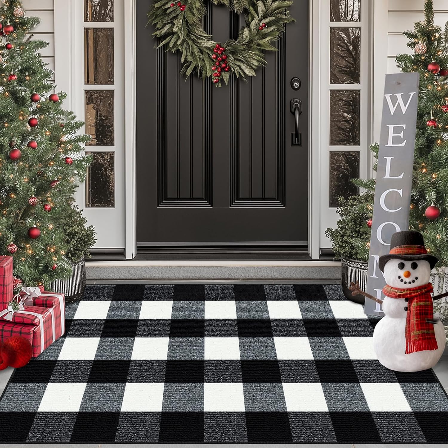 FONEYI Buffalo Plaid Outdoor Rug - Non Slip Absorbent Doormat