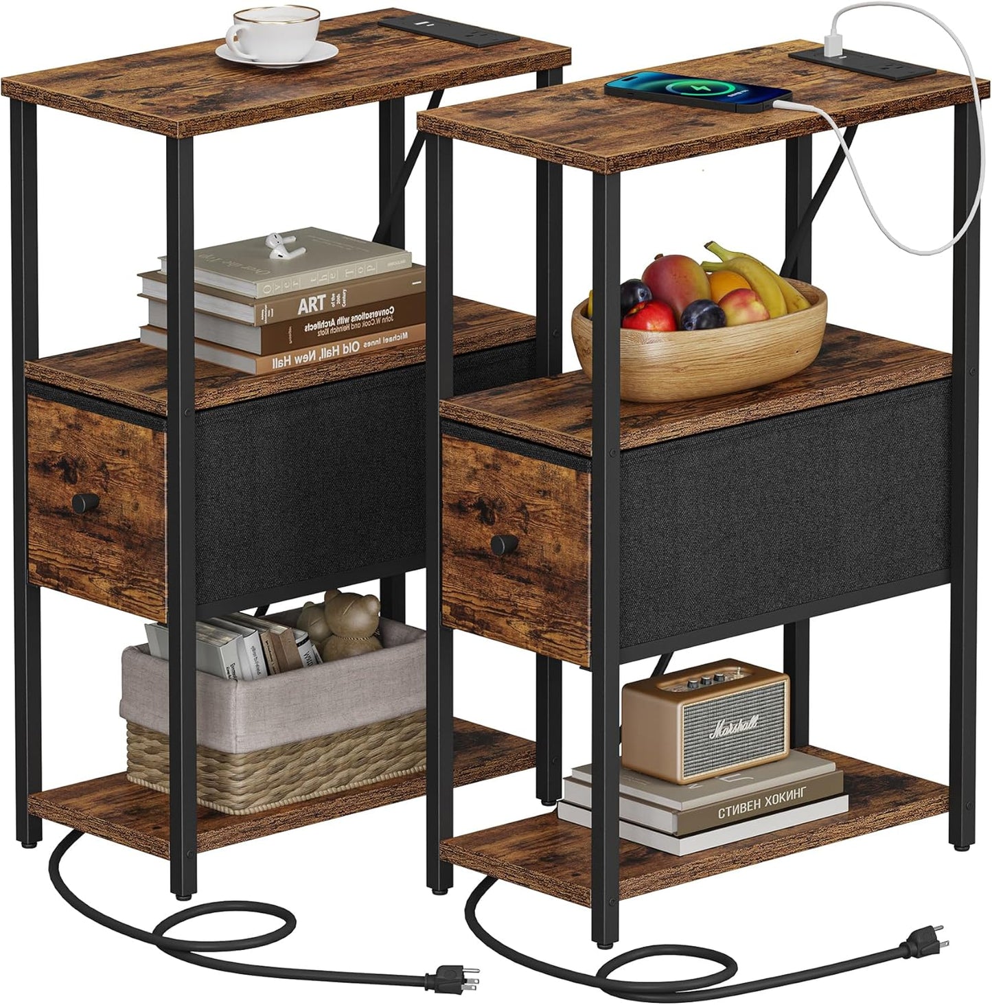 Small Narrow End Table with Charging Station for Modern Living