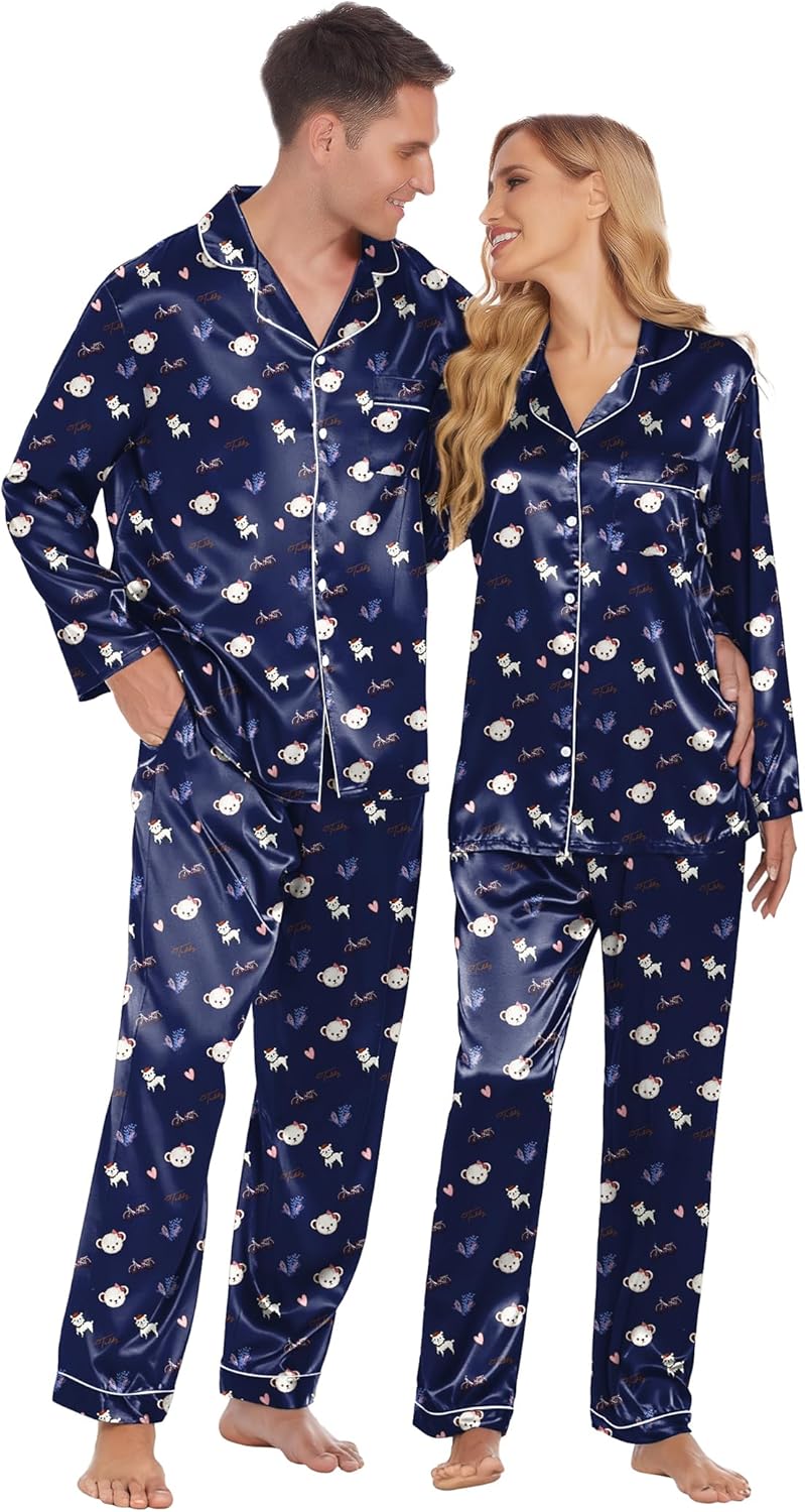 Ekouaer Couples Matching Pajamas Soft Silk Long Sleeve Set