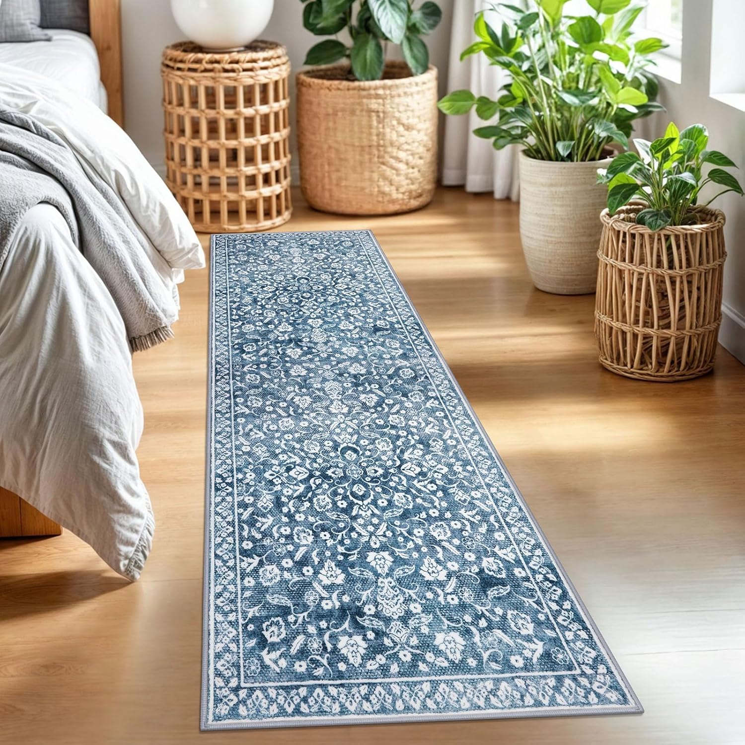 Vintage 2x7 Runner Rug - Soft Blue and White Floral Design