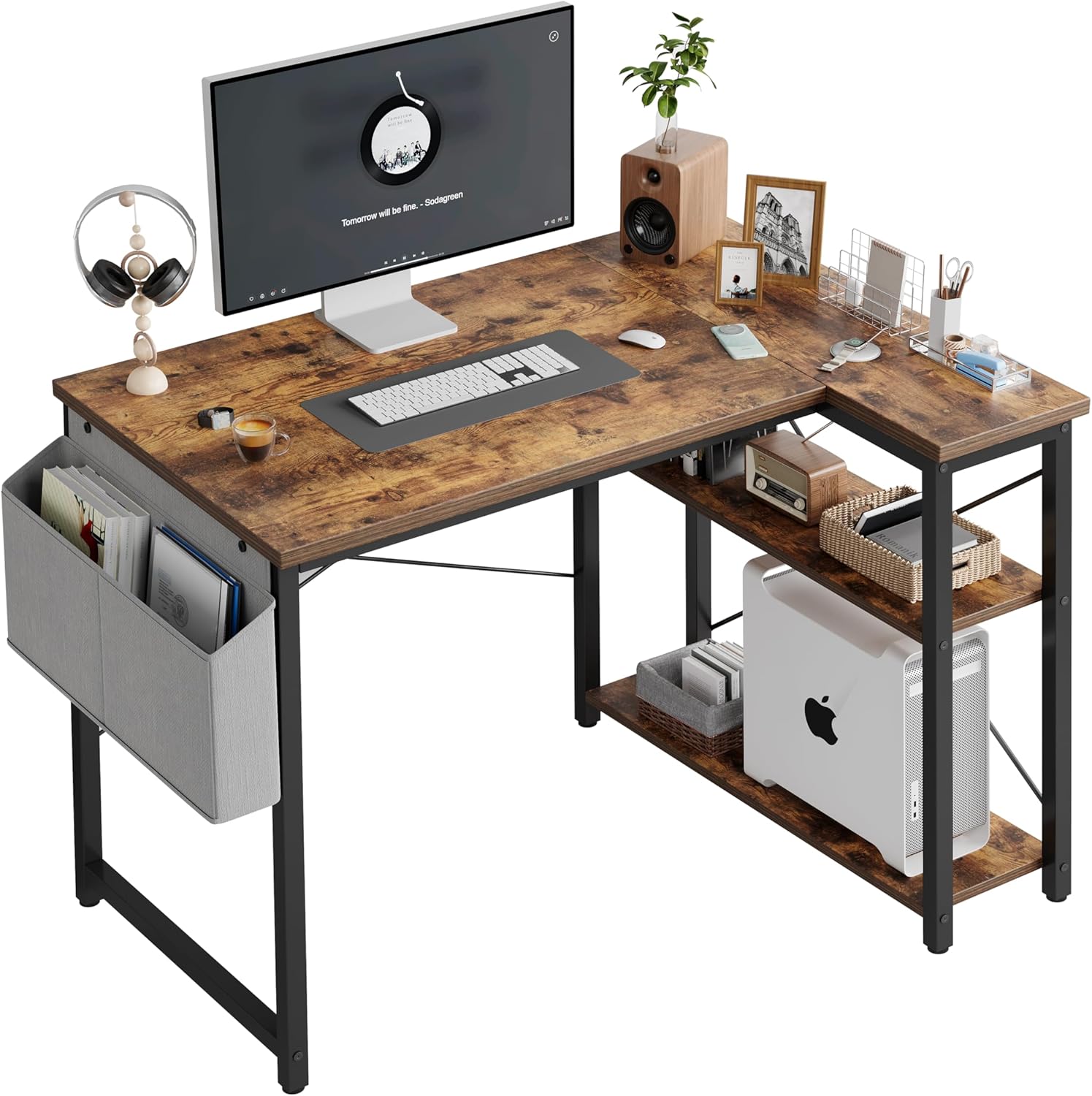 L Shaped Computer Desk with Reversible Shelves for Small Spaces