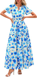 Boho Maxi Dress Floral V Neck Tiered Flowy Summer Dress - Vacation