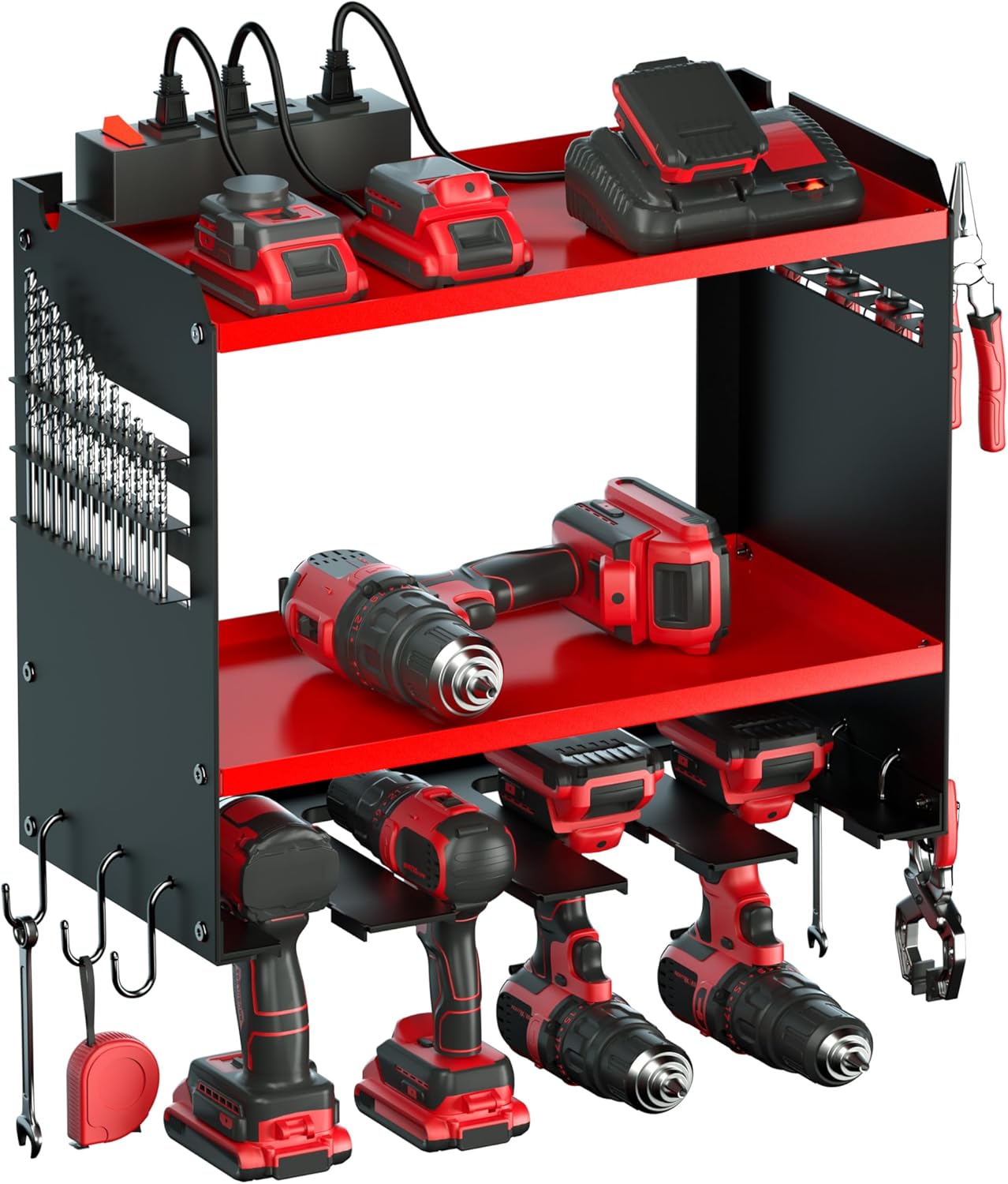 Power Tool Organizer Wall Mount with Charging Station and Hooks