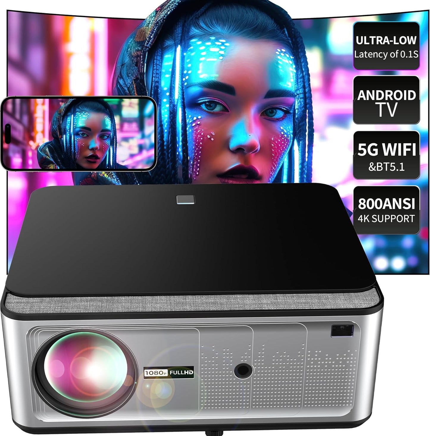 Ultimate 4K WiFi Projector: 1080P, 0.1S Latency, 800 ANSI, 300 Theater