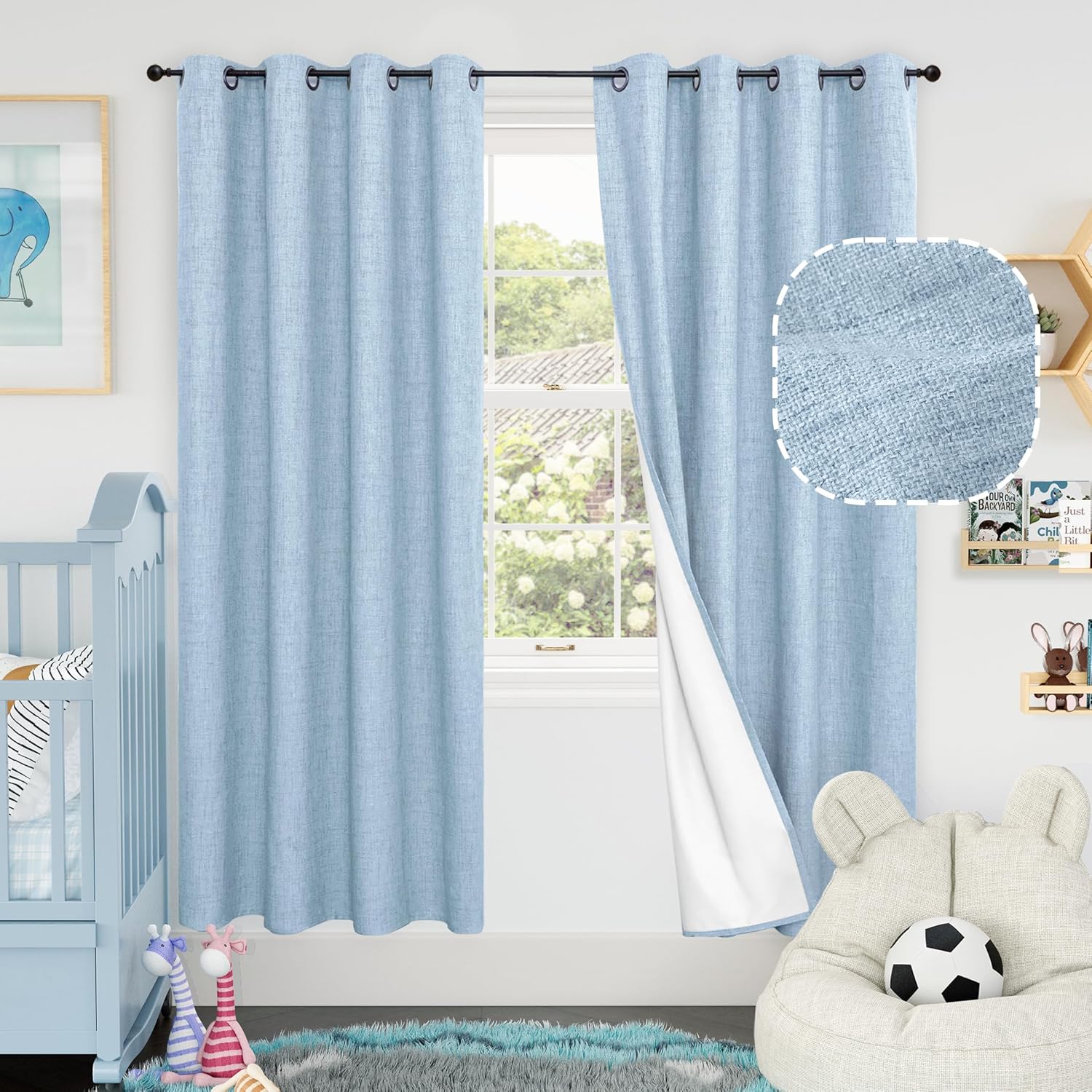 Baby Blue Linen Blackout Curtains for Nursery 72 Inch Length
