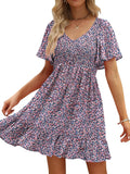 Womens Floral Smocked V Neck Flutter Sleeve Sundress - Flattering Fit