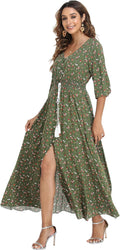 Women's Floral Maxi Dress with Half Sleeves and V-Neck - Flowy Rayon