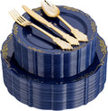 Blue Plastic Plates with Gold Silverware Set - Elegant Heavy Duty