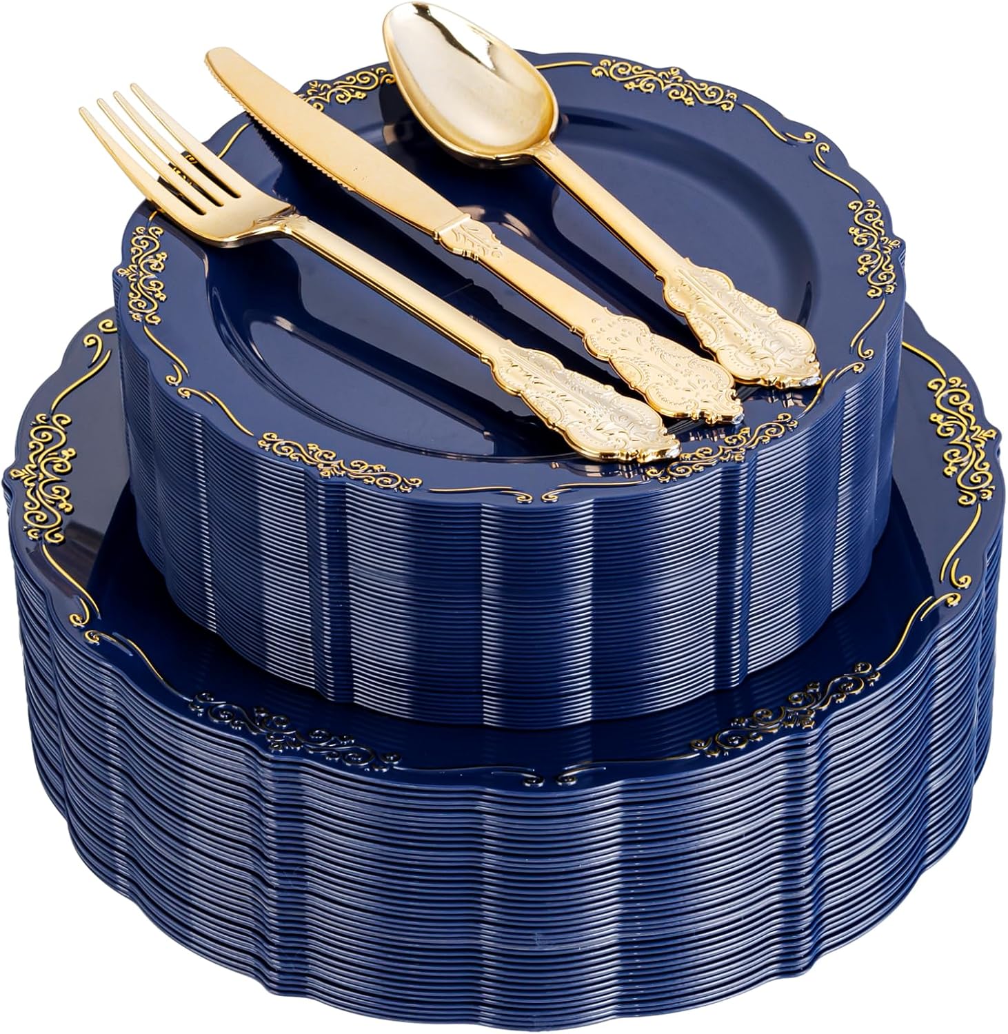 Blue Plastic Plates Set with Gold Silverware for Elegant Parties