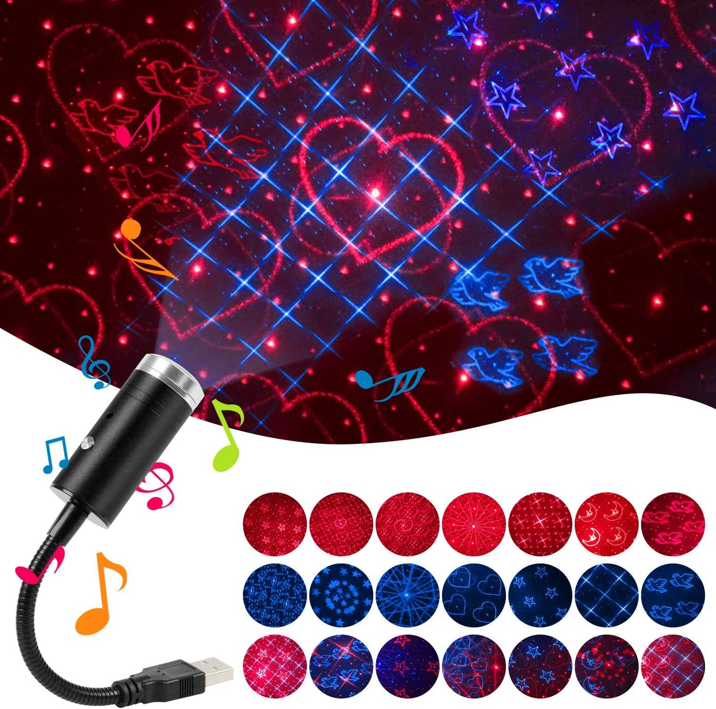 Dynamic USB Star Night Light | 24 Effects, Sound-Activated Strobe | Versatile Decor (Blue&Red)