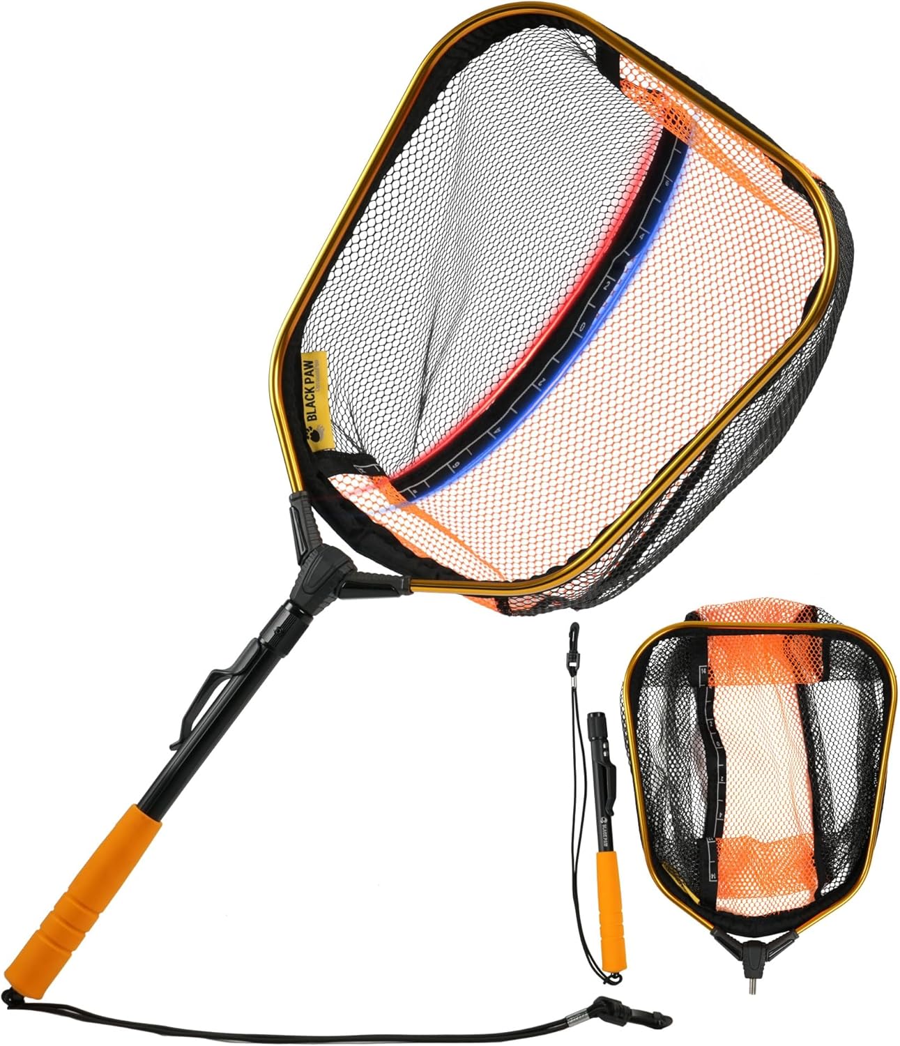 Adjustable Mesh Fishing Net with Scale, Rubber Coated, Black Paw