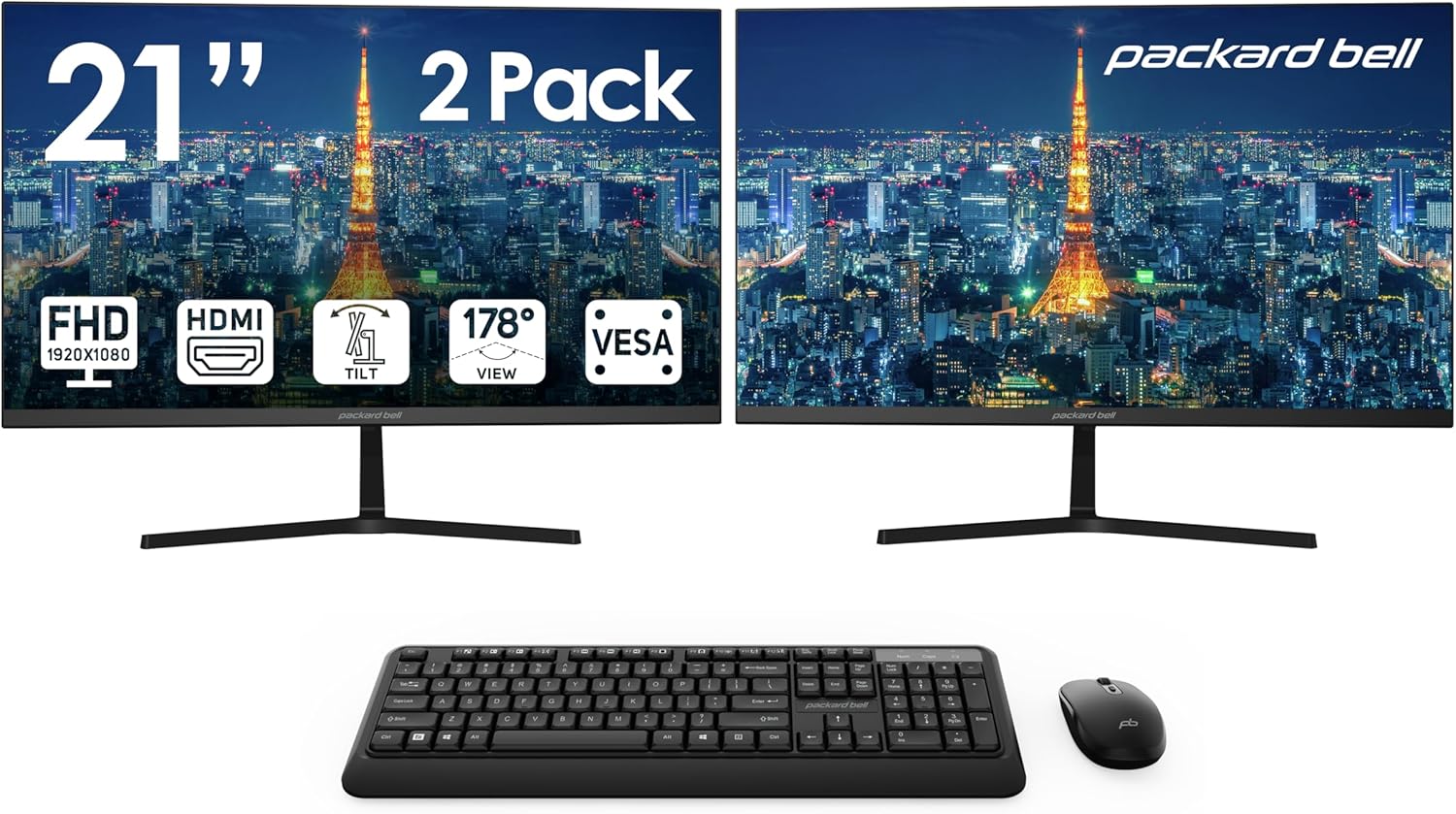 Packard Bell FHD Monitors + Wireless Keyboard & Mouse Set - VESA Mount, Tilt, Slim Bezel - Home, Office, Gaming