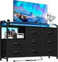 KKL Black Dresser with LED Light Strip & Power Outlet - Large 8 Drawer