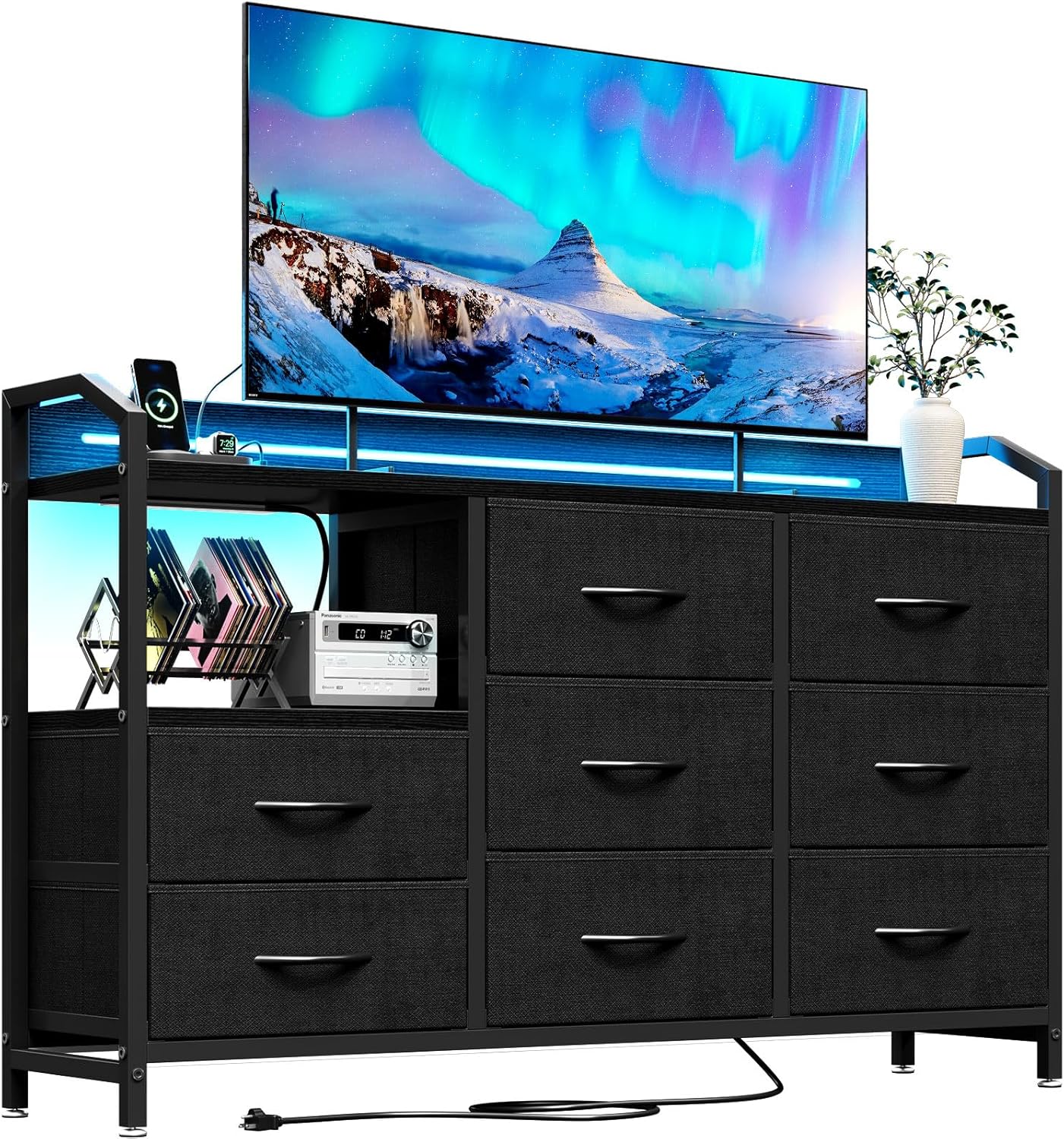 KKL Black Dresser with LED Light Strip and Power Outlet