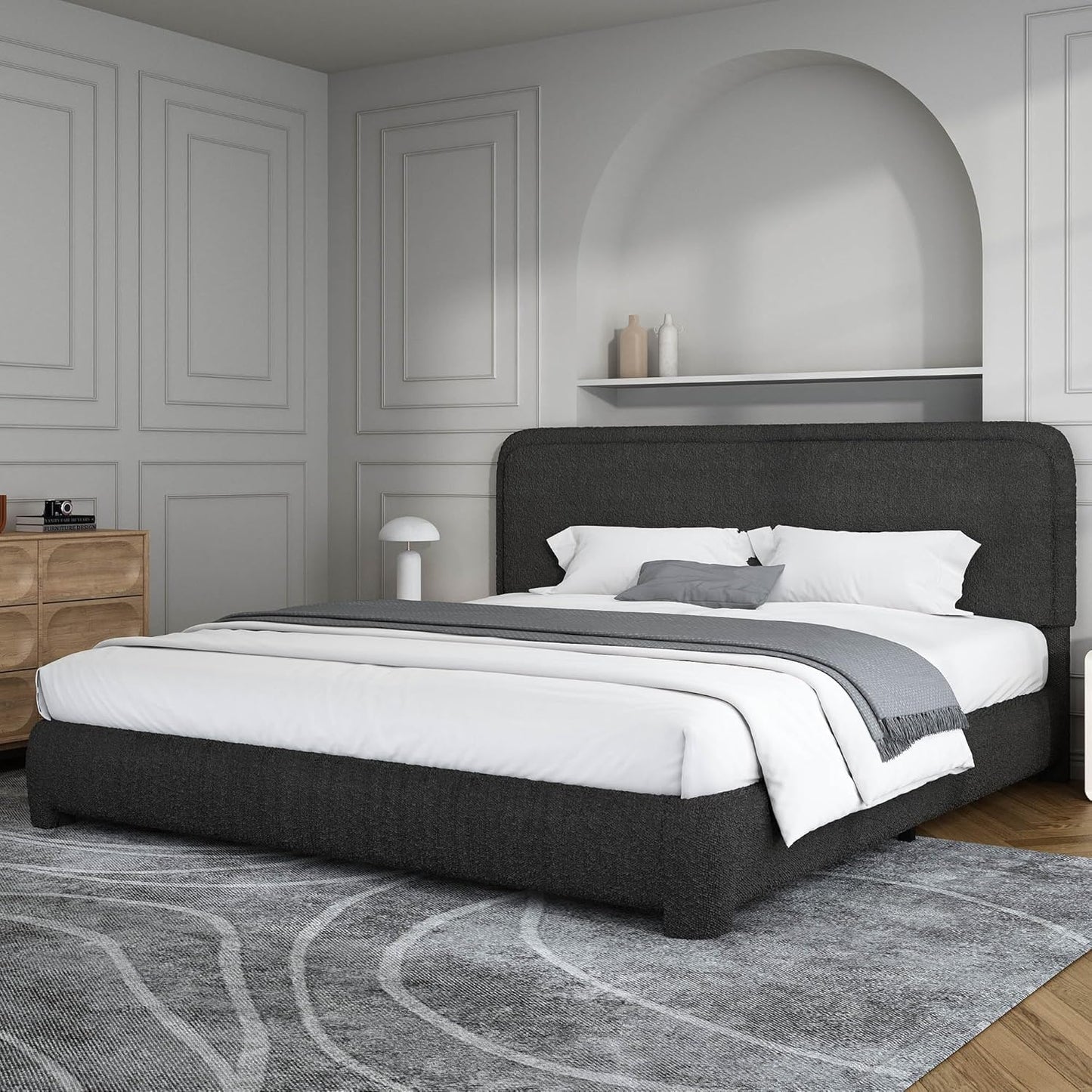 BarnFurin King Size Boucle Bed Frame with Soft Rounded Corners
