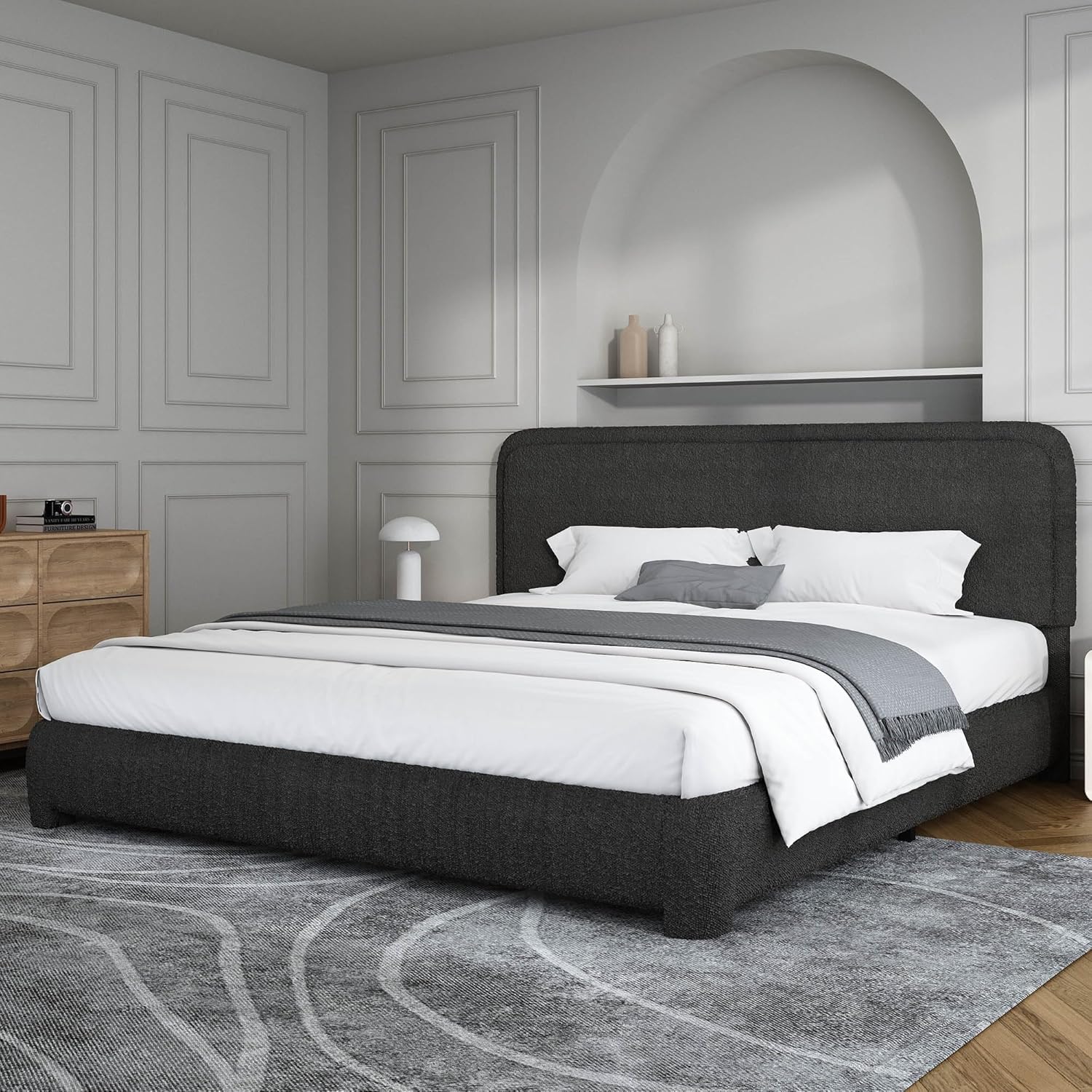 BarnFurin King Size Boucle Bed Frame with Soft Rounded Corners
