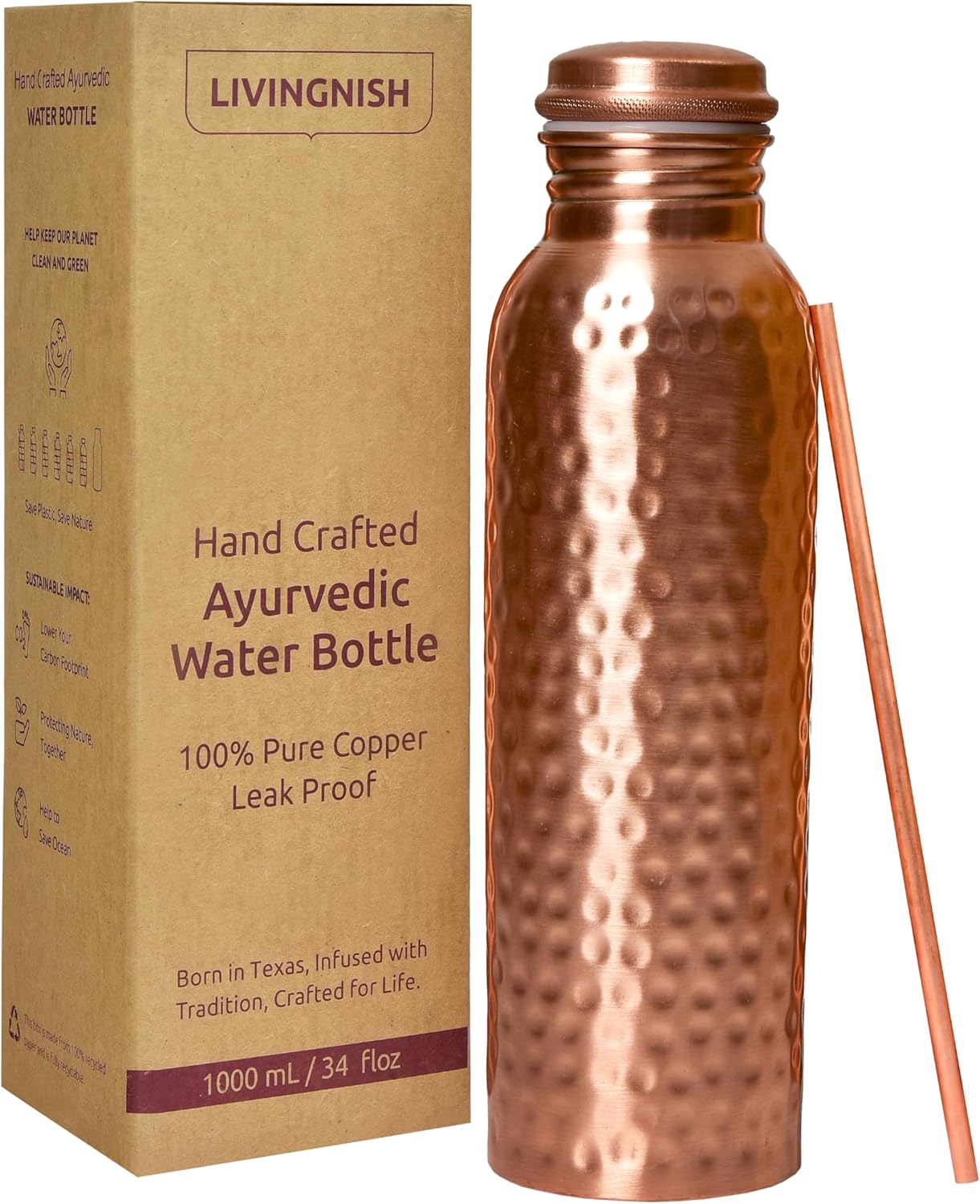 100% Pure Copper Water Bottle for Drinking - Ayurvedic Design