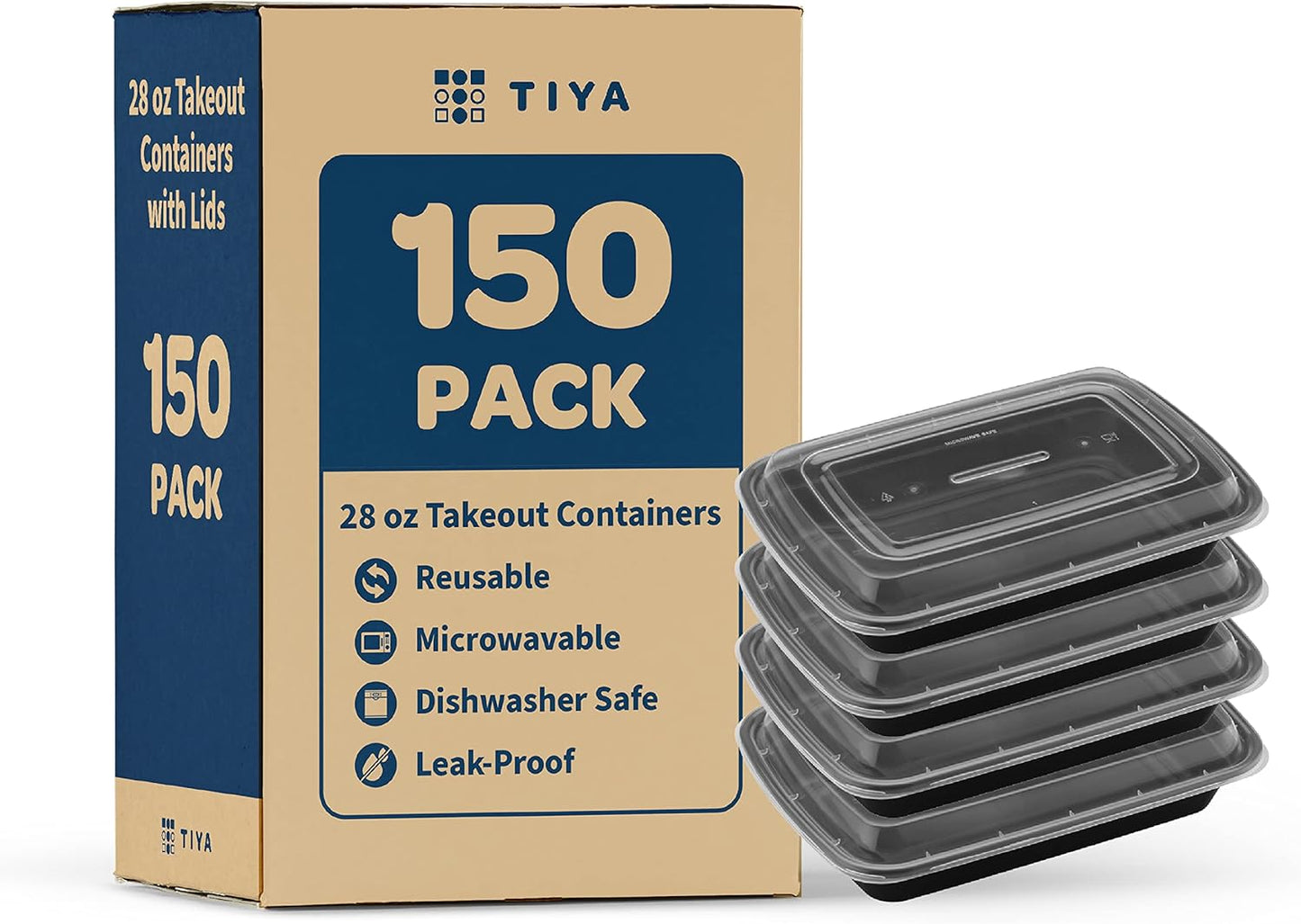 TIYA Food Containers - 28 oz Bulk 150 Pack for Meal Prep