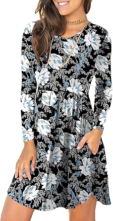 LONGYUAN Womens Long Sleeve Casual Loose Fit Swing Dress
