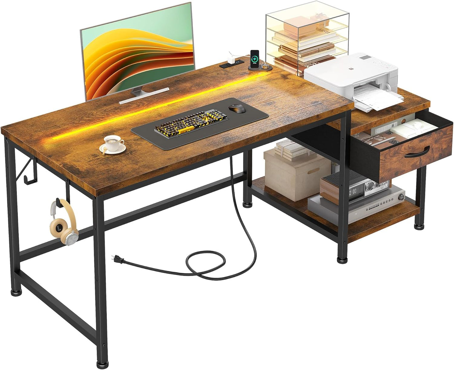 48.1 Inch Computer Desk with LED Lights and Power Outlets