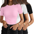 Ficerd 3 Pack Women's Ribbed T-Shirts - Soft Fitted Cotton Tees