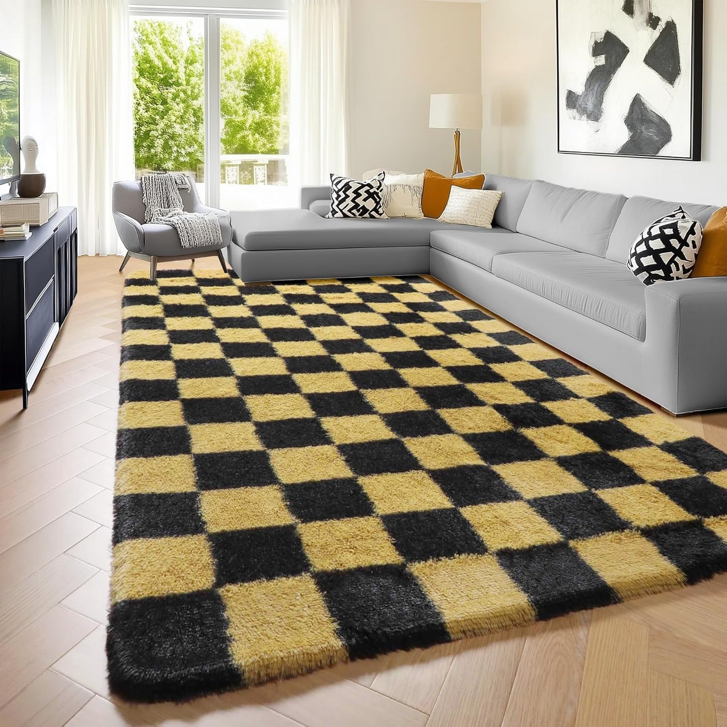 KICMOR Black and Gold Fluffy Soft Checkered Area Rug Review