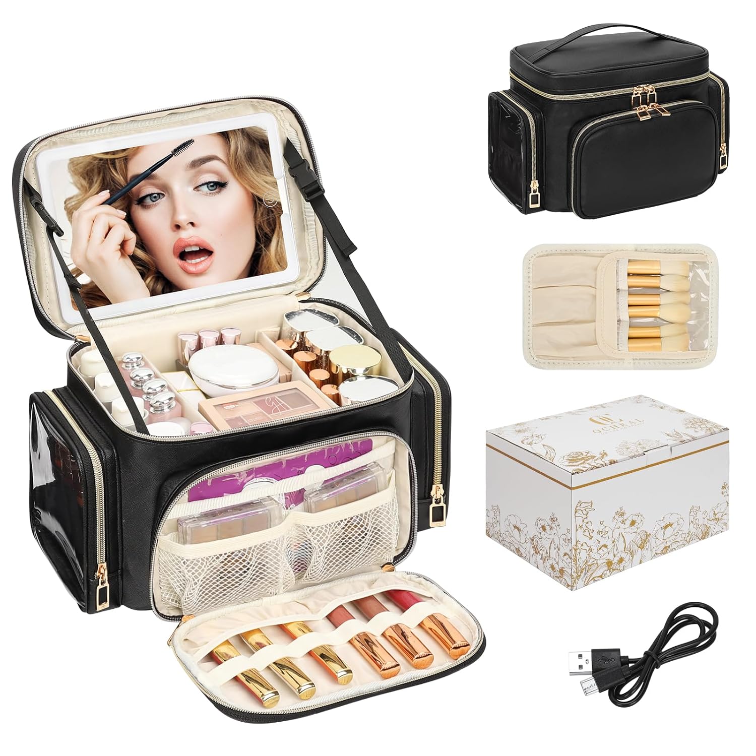 Large Makeup Bag with LED Mirror for Travel and Organization