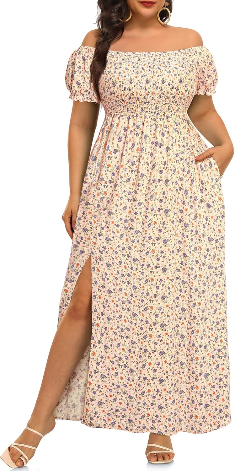 Plus Size Summer Dresses - Boho Casual Off Shoulder Maxi Dress