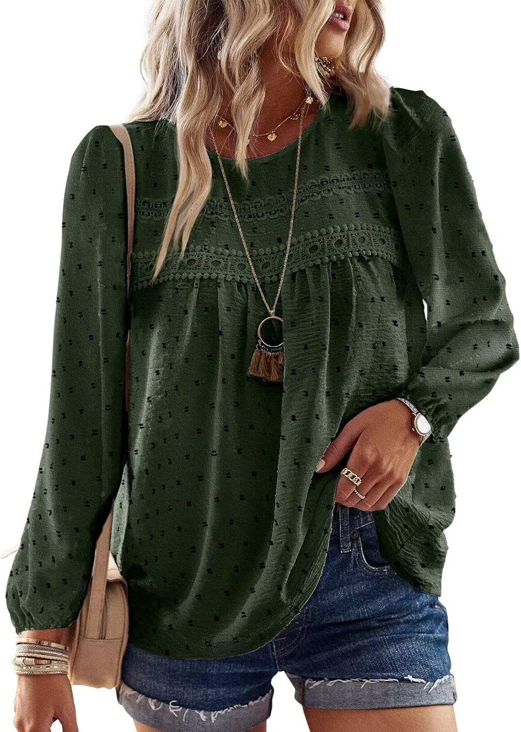 Womens Fall Tops Crewneck Long Sleeve Casual Chiffon Blouses