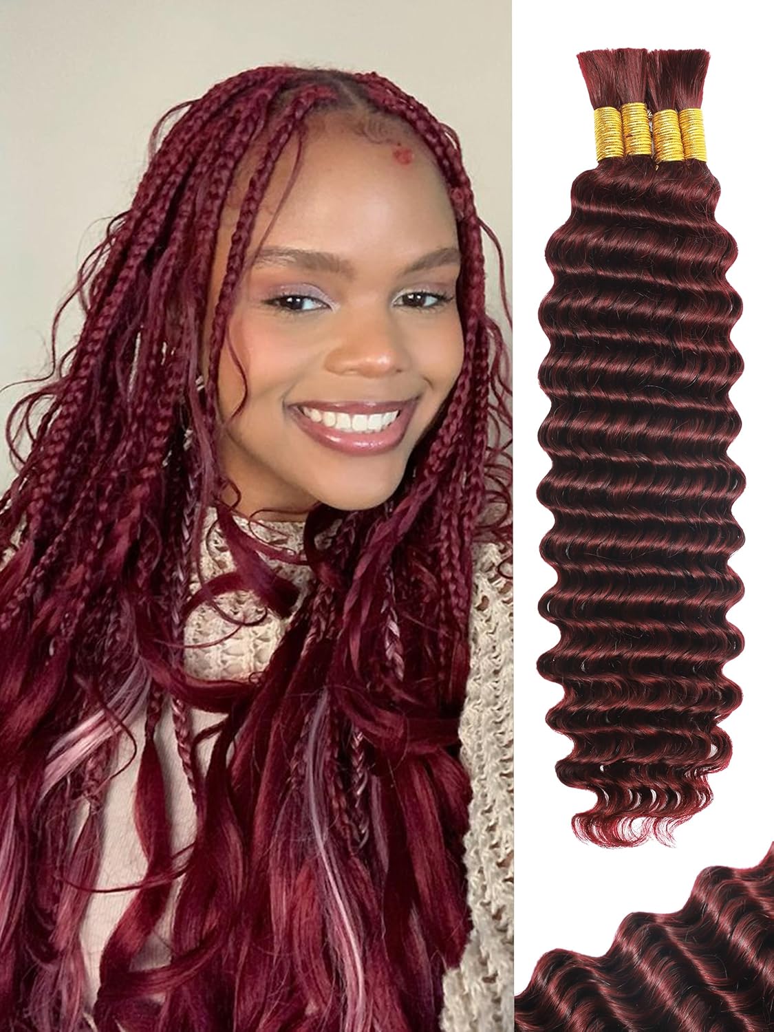 Burgundy Human Braiding Hair 16 Inch Deep Wave Extensions