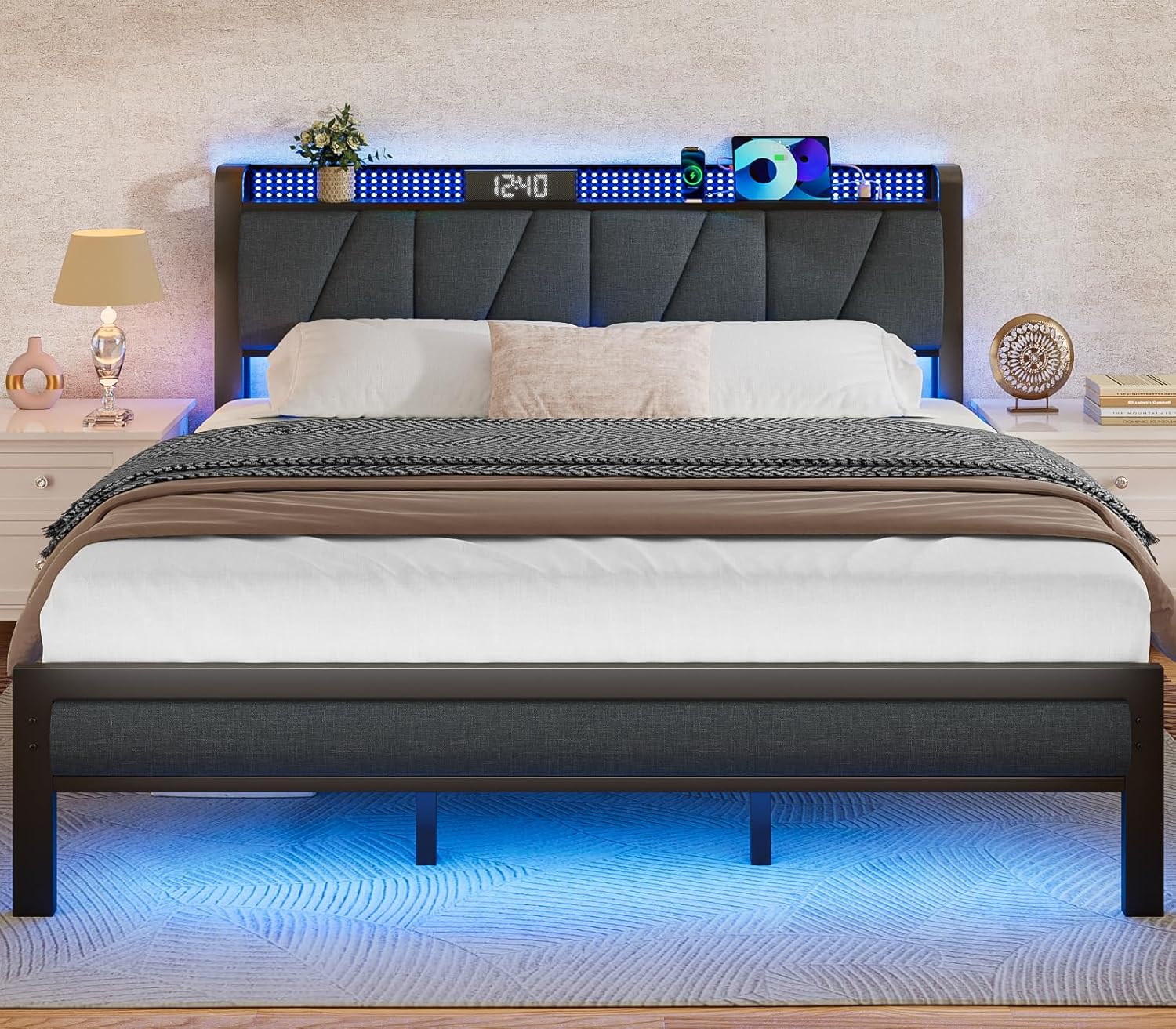 Furnulem King Bed Frame with LED Light and USB Charging Ports