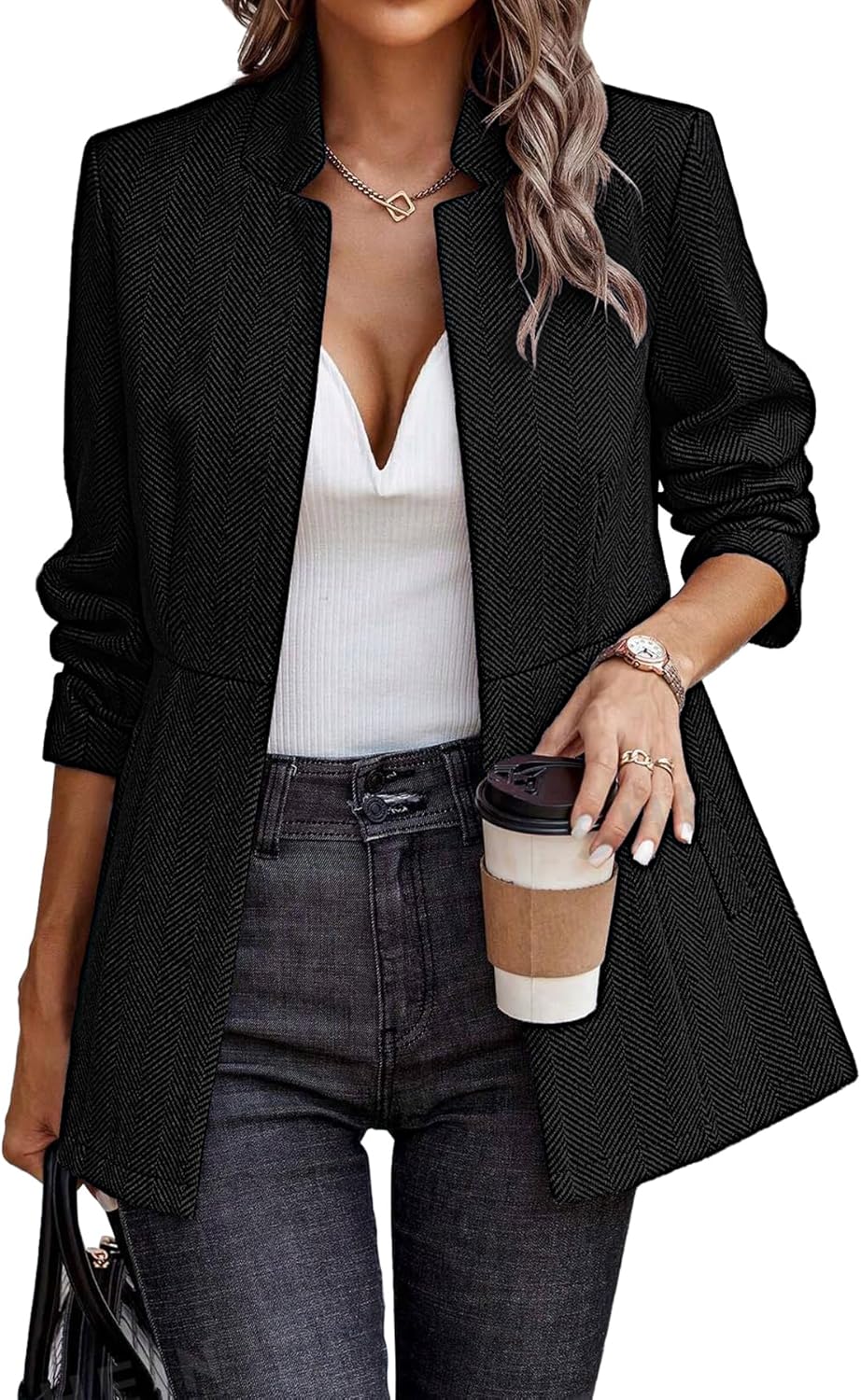 ELLEVEN Womens Open Front Herringbone Blazer for Work Style