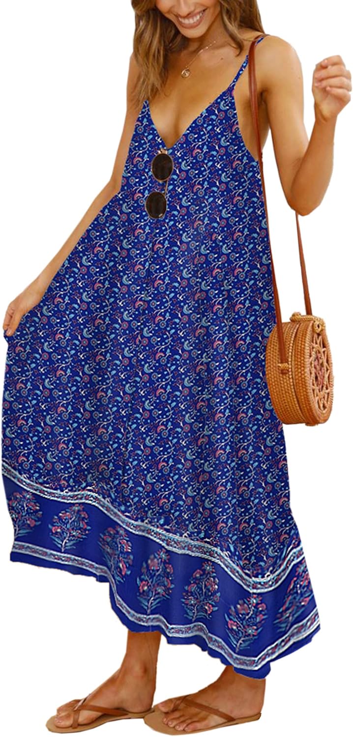 Angashion Women's Floral Adjustable Spaghetti Strap Maxi Dress