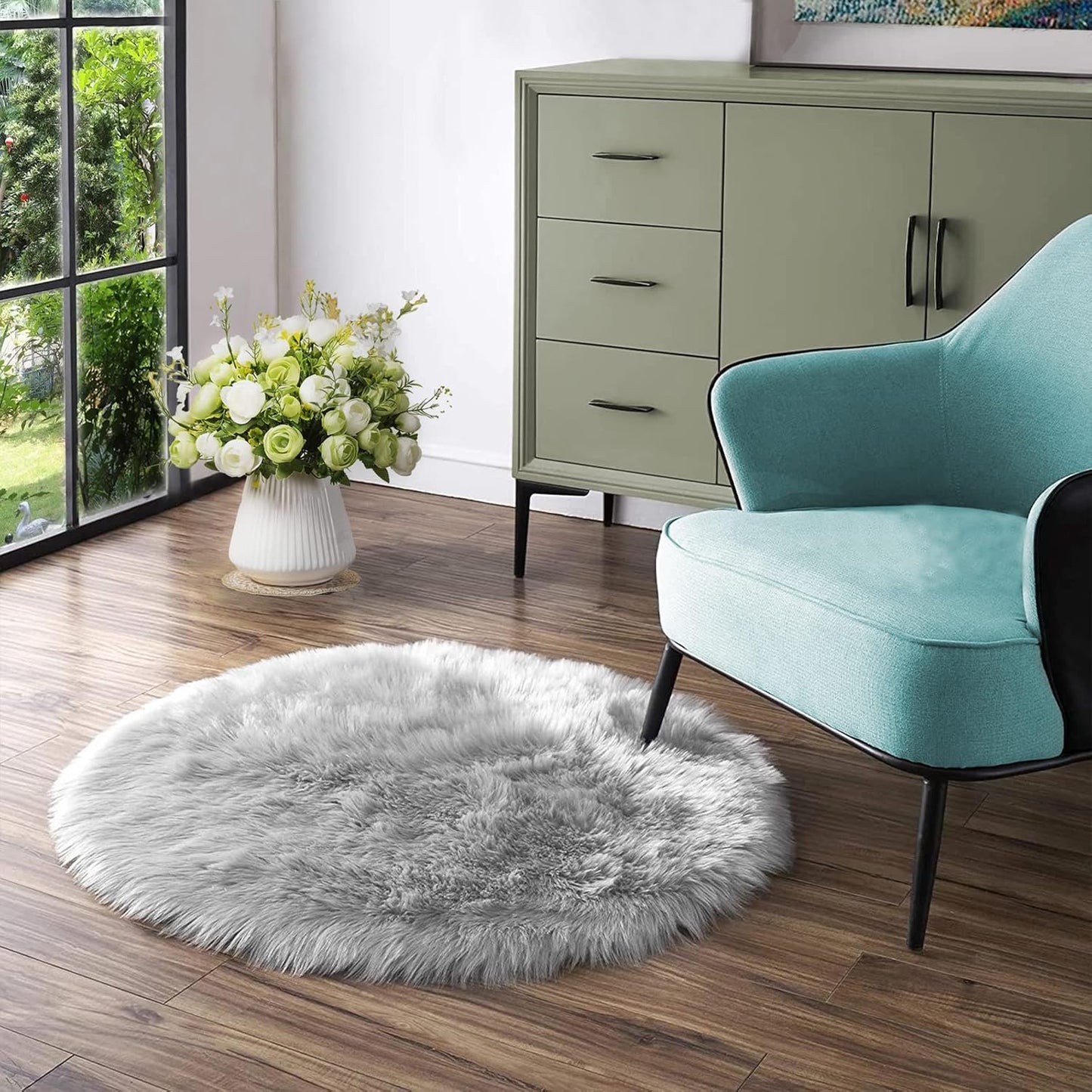 Gray Fluffy Circle Faux Fur Rug for Bedroom and Home Decor