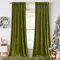 Green Velvet Curtains 108 in Long Olive Room Darkening Panels - Luxury