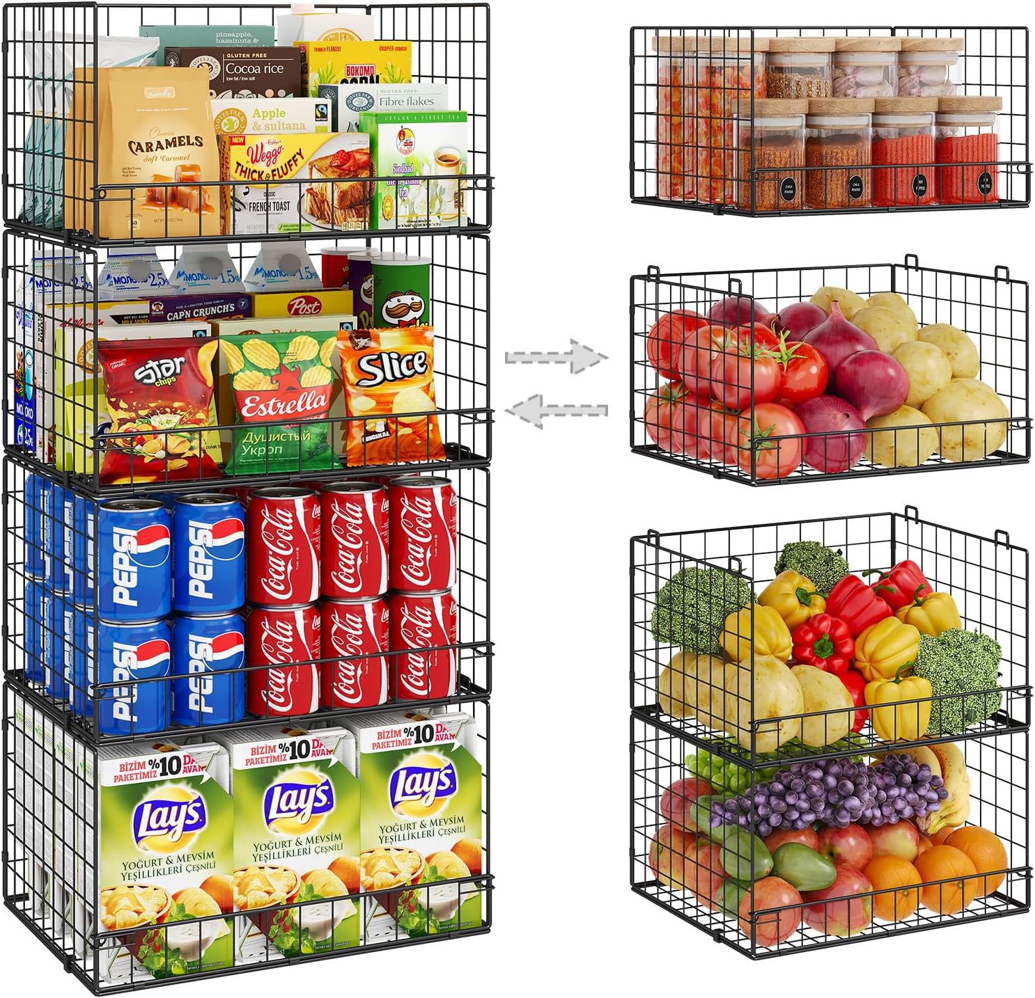 4 Pack Stackable Wire Baskets for Pantry Organizers and Storage