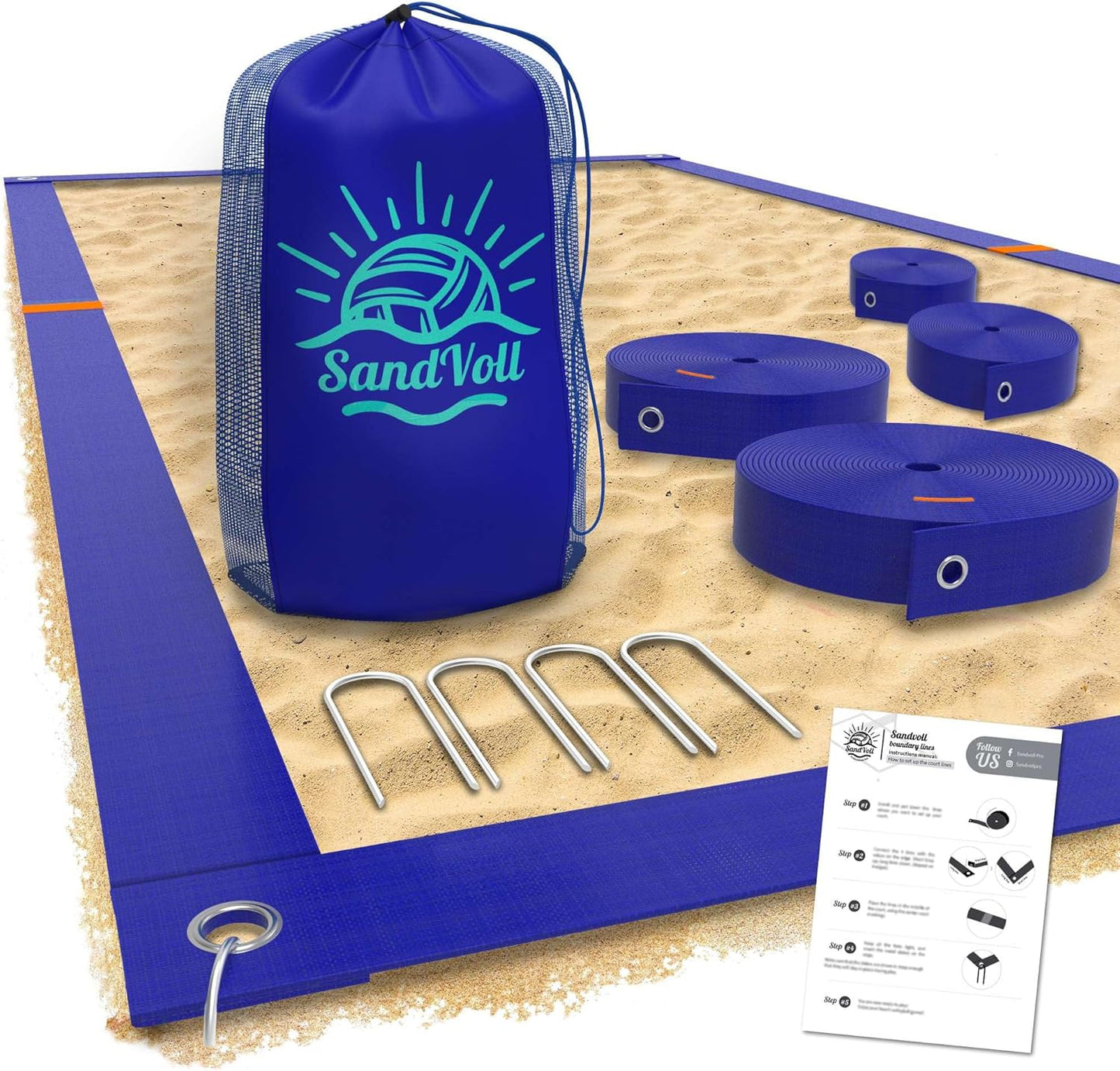 Portable Beach Volleyball Lines Set with Sand Anchors and Net Bag