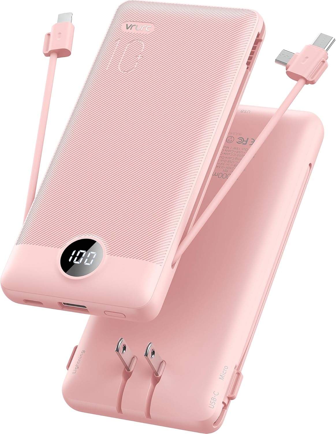 VRURC 10000mAh USB C Power Bank - Portable & Built-in Cables