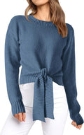 Okiwam Cropped Tie Front Sweater - Flattering Fall Knit Pullover