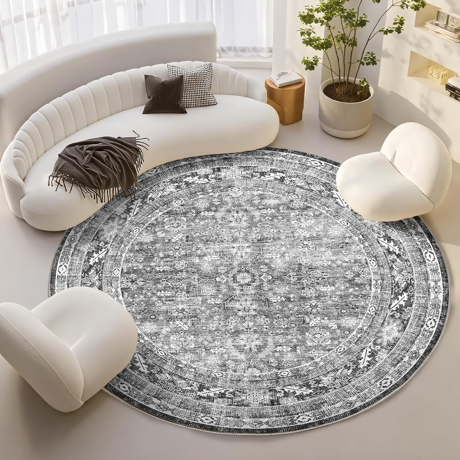 OPPODREAM Vintage Grey Round Rug 6ft for Living Room & Office