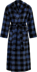 Plush Fleece Hooded Mens Robe - Blue Buffalo Check, Full Length