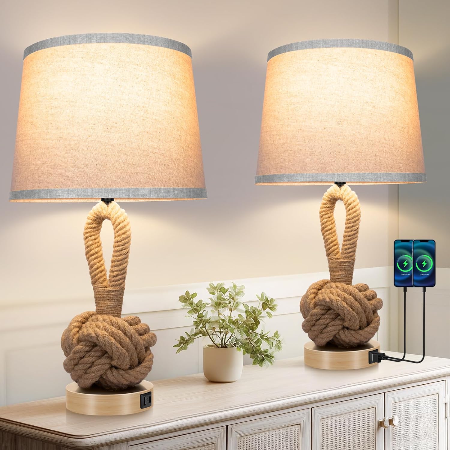 22 Inch Rope Lamps Set of 2 with USB Ports and 3 Color Temperatures