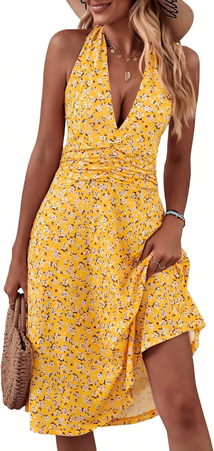 Stylish Women's Summer Sundress with Halter Neck and Pockets