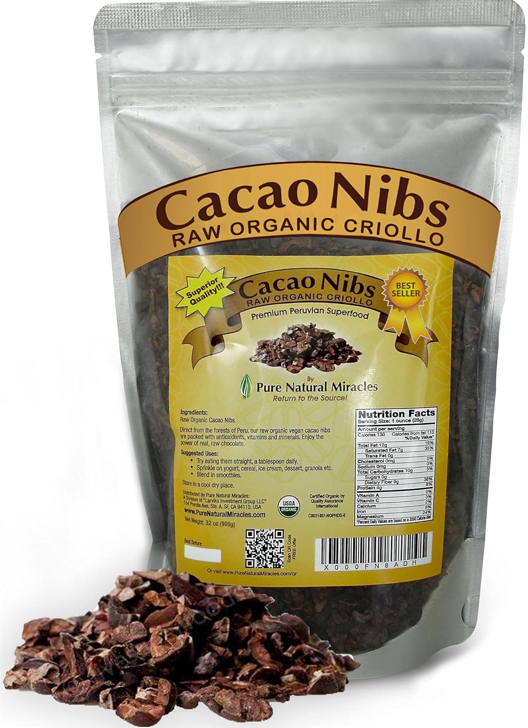 Pure Natural Miracles Cacao Nibs Unsweetened for Healthy Snacking