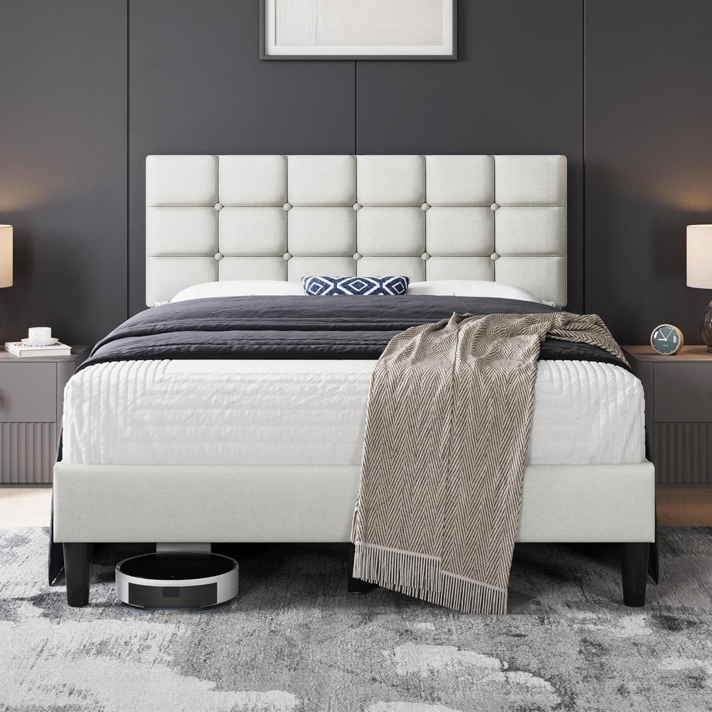 Yaheetech Upholstered Bed Frame with Adjustable Headboard
