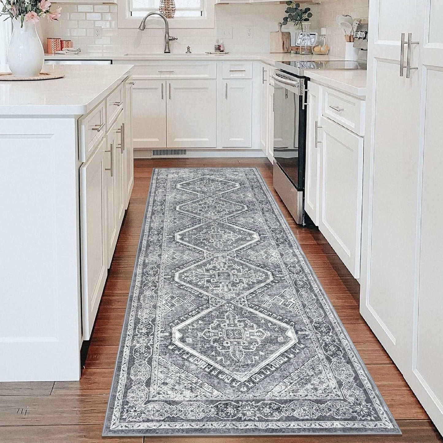 KUTA 3x8 Grey Oriental Area Rug for Vintage Living Spaces